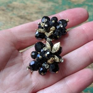 Vintage VENDOME Black Glass and Gold Cluster Clip-On Earrings